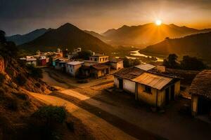 le Soleil ensembles plus de une village dans le montagnes. généré par ai photo