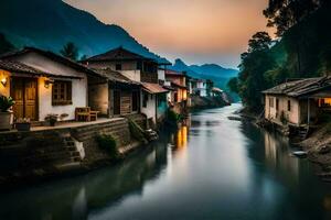 une rivière dans une village à le coucher du soleil. généré par ai photo