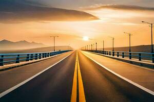 une longue pont avec le Soleil réglage derrière il. généré par ai photo