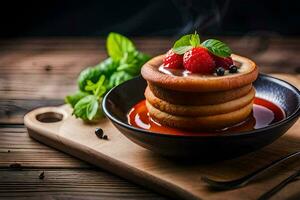 une empiler de Crêpes avec baies et sirop sur une en bois tableau. généré par ai photo