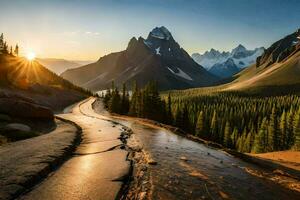 le Soleil monte plus de une Montagne intervalle avec une route enroulement par il. généré par ai photo