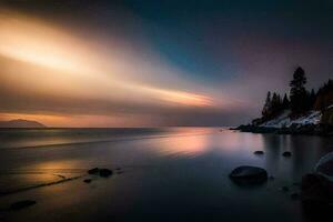 une longue exposition photographier de le le coucher du soleil plus de le l'eau. généré par ai photo