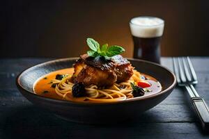 spaghetti avec Viande et tomate sauce dans une bol. généré par ai photo