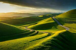 le route les vents par le vert collines de Nouveau zélande. généré par ai photo