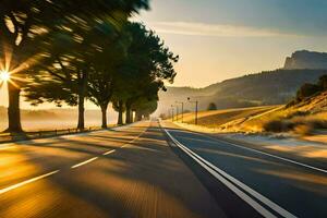 une route avec des arbres et le Soleil réglage dans le Contexte. généré par ai photo