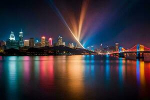 le ville lumières sont réfléchi dans le l'eau. généré par ai photo