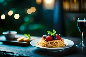 spaghetti avec baies et fromage sur une plaque. généré par ai photo