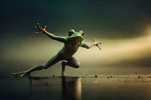 une grenouille sauter dans le air avec ses jambes diffuser. généré par ai photo