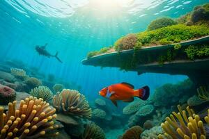 une plongeur est nager près un sous-marin récif avec un anémone et pitre poisson. généré par ai photo