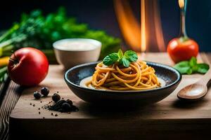 spaghetti dans une bol avec des légumes et épices. généré par ai photo
