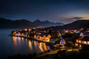 une ville sur le rive de une Lac à nuit. généré par ai photo