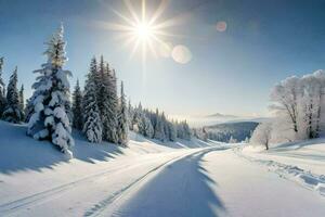 neige couvert des arbres et le Soleil brillant plus de eux. généré par ai photo