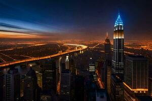 le Empire Etat bâtiment est allumé en haut à nuit. généré par ai photo