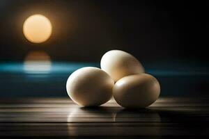 Trois des œufs sur une table avec une lumière derrière eux. généré par ai photo