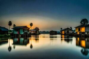 Maisons sur le l'eau à le coucher du soleil. généré par ai photo