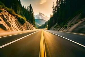 une route avec des arbres et montagnes dans le Contexte. généré par ai photo