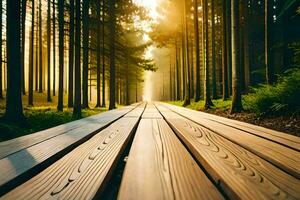 en bois chemin dans le forêt à lever du soleil. généré par ai photo