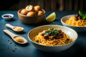 deux boules de spaghetti avec Viande et des légumes. généré par ai photo