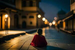 une femme dans rouge séance sur le rue à nuit. généré par ai photo