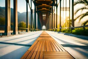 une longue en bois passerelle avec le Soleil brillant par il. généré par ai photo