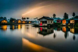 Maisons sur le l'eau à nuit avec une ciel plein de étoiles. généré par ai photo