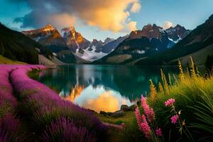 le montagnes sont réfléchi dans le l'eau et violet fleurs sont croissance dans de face de le lac. généré par ai photo