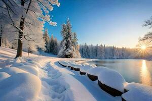 neige couvert des arbres et une Lac dans le l'hiver. généré par ai photo