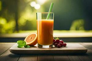 une verre de Orange jus avec les raisins et menthe. généré par ai photo