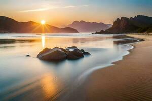 le Soleil monte plus de le océan et rochers sur le plage. généré par ai photo