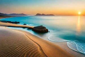 le Soleil ensembles plus de une plage et rochers. généré par ai photo