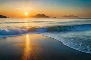 le Soleil monte plus de le océan et vagues à le coucher du soleil. généré par ai photo