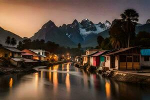 photo fond d'écran le ciel, montagnes, eau, le ville, Maisons, le rivière, le montagnes. généré par ai