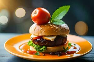 une Hamburger avec tomate et fromage sur une plaque. généré par ai photo