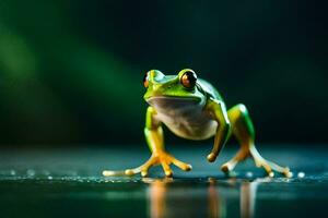 une grenouille est permanent sur ses de derrière jambes. généré par ai photo