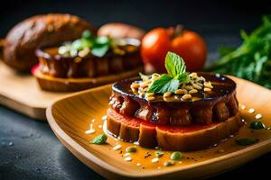 une assiette avec nourriture sur il et une couteau. généré par ai photo