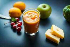 une verre de Orange jus suivant à une tranche de fromage et un Pomme. généré par ai photo