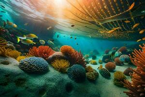 un sous-marin scène avec corail récifs et poisson. généré par ai photo