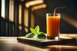 une verre de Orange jus sur une en bois tableau. généré par ai photo