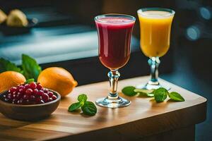 deux des lunettes de jus et fruit sur une Coupe planche. généré par ai photo