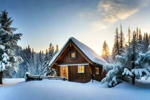une cabine dans le neige avec des arbres et neige. généré par ai photo