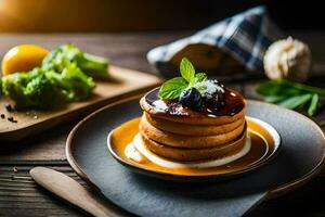 Crêpes avec myrtilles et crème sur une plaque. généré par ai photo