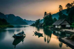 bateaux sur le rivière à le coucher du soleil dans vietnam. généré par ai photo