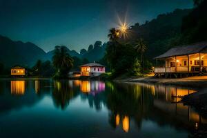 photo fond d'écran le ciel, eau, montagnes, loger, le nuit, le lune, le montagnes. généré par ai