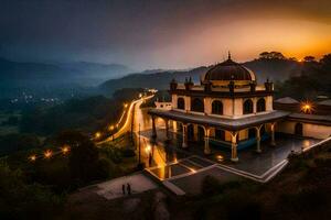 le le coucher du soleil plus de le mosquée dans le montagnes. généré par ai photo