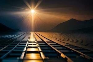 une train Piste avec le Soleil brillant plus de il. généré par ai photo