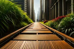 une passerelle dans le ville avec grand bâtiments. généré par ai photo