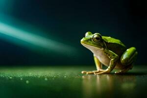 une grenouille est séance sur une table dans de face de une vert Contexte. généré par ai photo