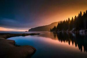 photo fond d'écran le ciel, des arbres, montagnes, lac, le mer, le mer, le ciel. généré par ai