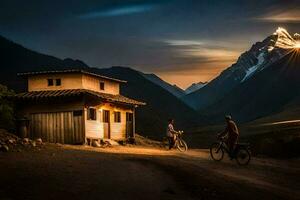 deux gens équitation Vélos dans de face de une petit cabane. généré par ai photo