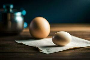 deux des œufs sur une serviette de table suivant à une bouilloire. généré par ai photo